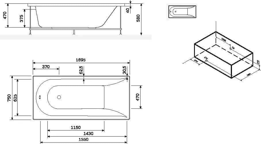 картинка Акриловая ванна AM.PM Spirit 170x75 без гидромассажа с каркасом W72A-170-075W-R2 