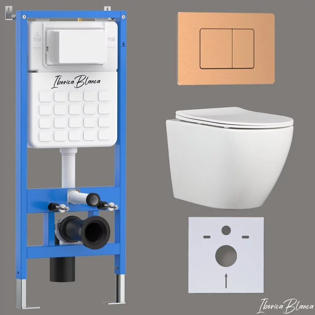 картинка Комплект 3 в 1 IBERICA BLANCA инсталляция с унитазом BILBAO ALTO IB.BLA.234.1B1 клавишей розовое золото матовый INOX-C IB.B011.007.002 
