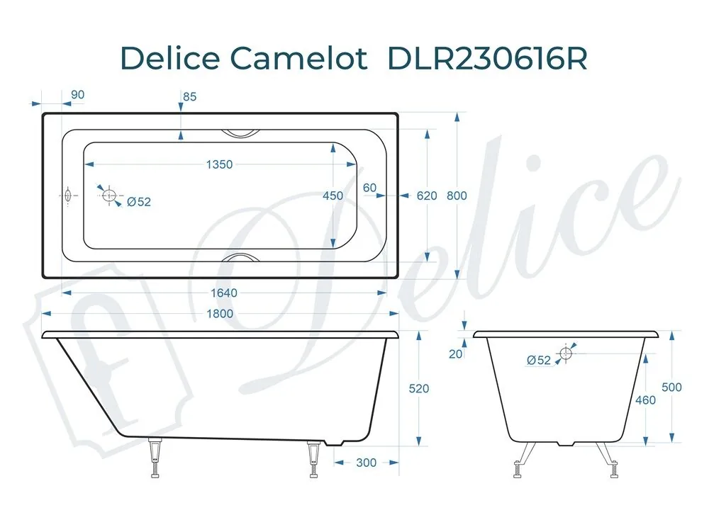 картинка Ванна чугунная Delice Camelot 180х80 с отверстиями под ручки DLR230616R 