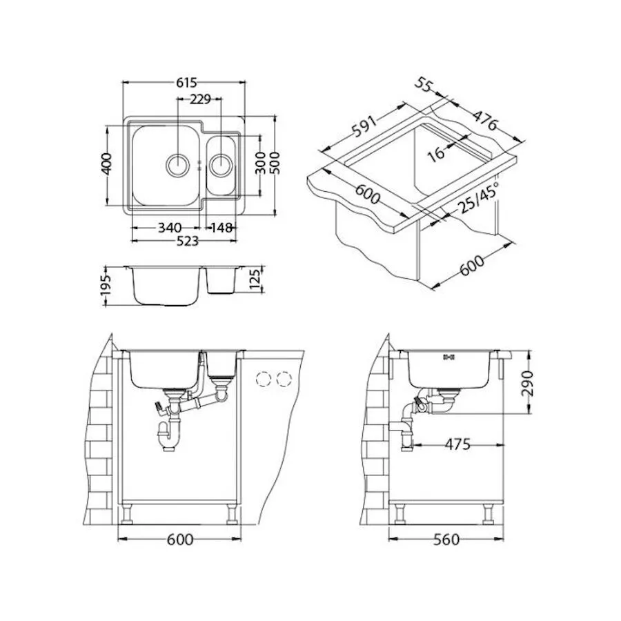 картинка Мойка Alveus LINE MAXIM 50  SAT-90 610X500 в комплекте с сифоном 