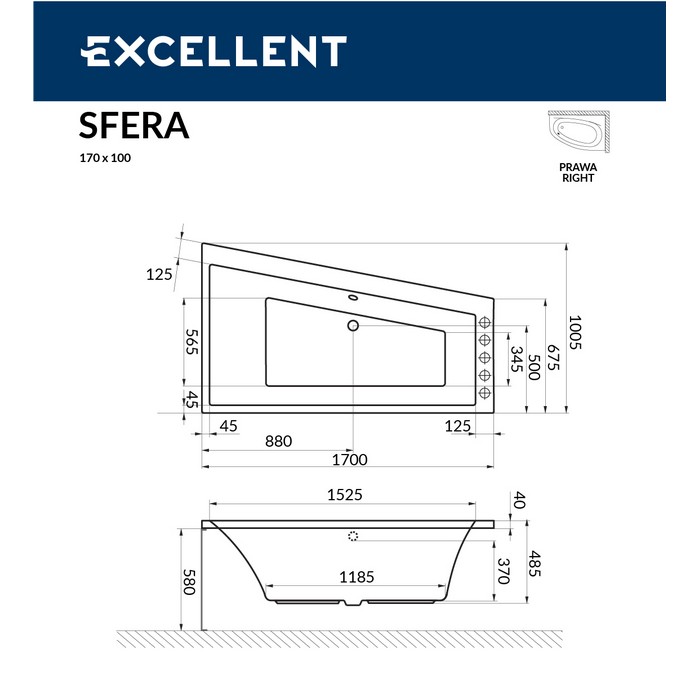 картинка Ванна EXCELLENT Sfera 170x100 правая с ножками HW-ST-NWAEX-68 