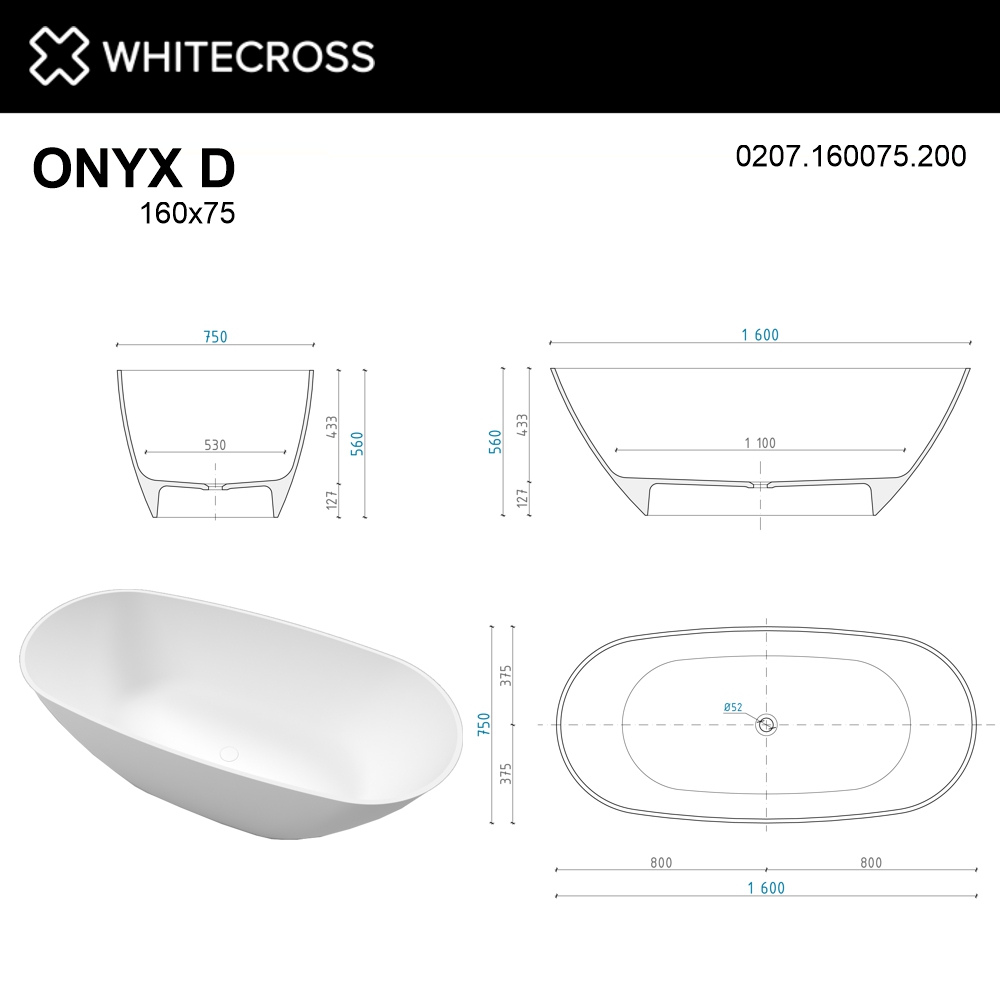 картинка Ванна WHITECROSS Onyx D 160x75 белый мат иск. камень 