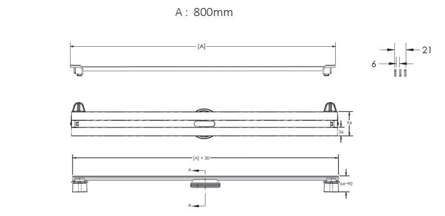 картинка Желоб водосток BERGES SUPER Slim 800, матовый хром, боковой выпуск S-сифон D50 H60 