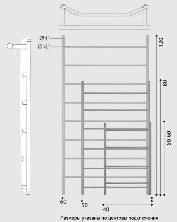 картинка Полотенцесушитель Двин FTE 50/50 Водяной полн.высота 60 см. / 1"-1/2" К2 выход 1" слева Полированный (4627169562178) 