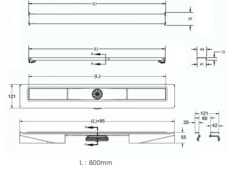 картинка Желоб водосток BERGES C1 Norma 800, матовый хром, вертикальный выпуск S-сифон D50/105 мм H30/80 мм 