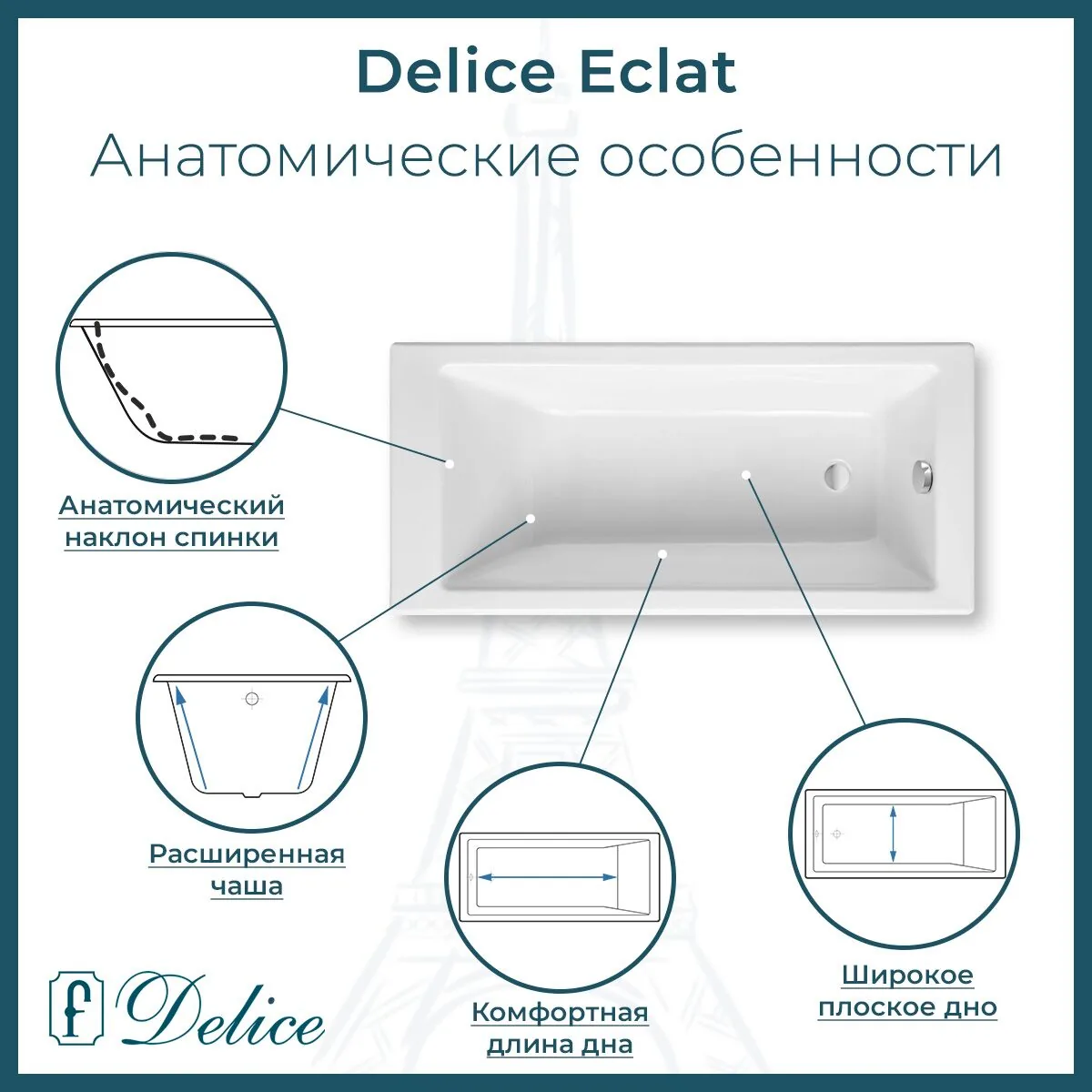 картинка Ванна чугунная Delice Eclat 170х70 с отверстиями под ручки и антискользящим покрытием DLR230621R-AS 