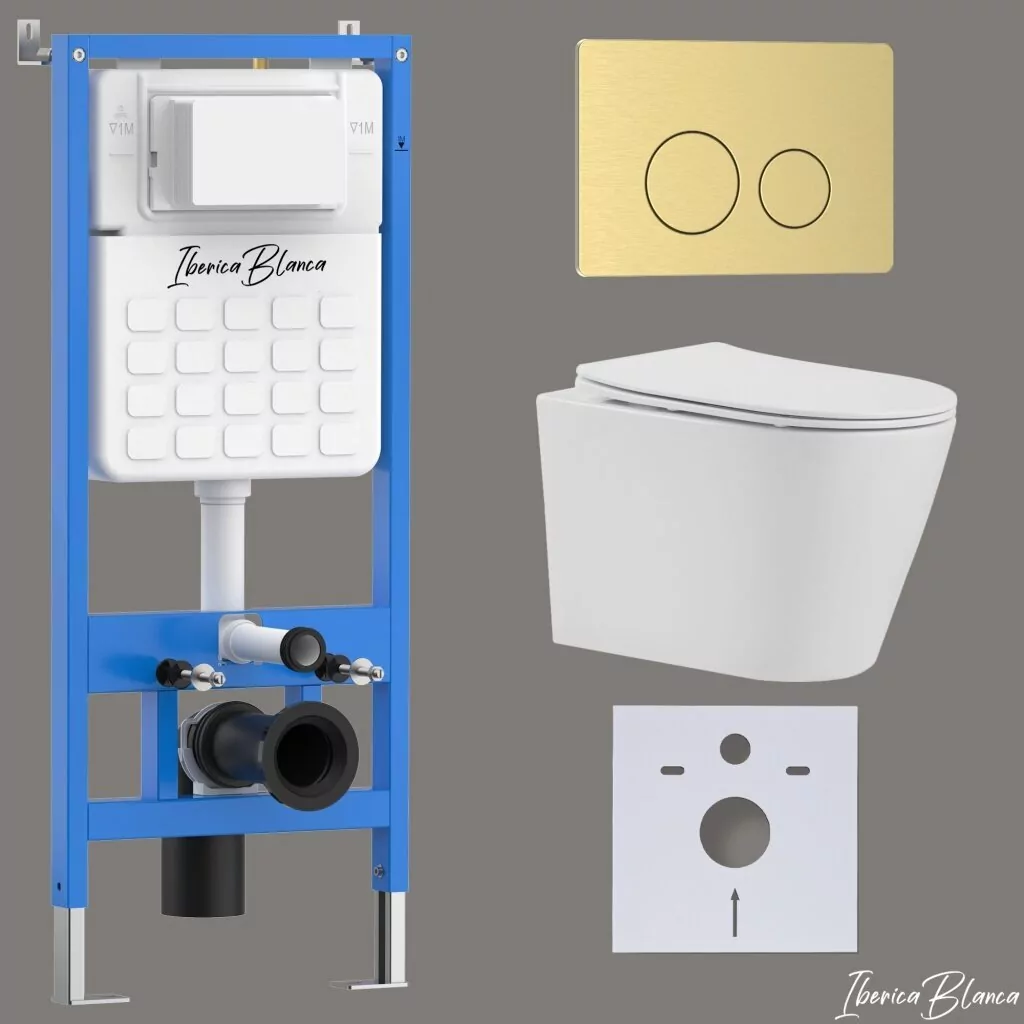 картинка Комплект 3 в 1 IBERICA BLANCA инсталляция с унитазом BURGOS ALTO IB.BRA.231.1B1 клавишей золото матовое INOX-O IB.B081.005.003 
