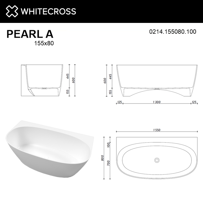 картинка Ванна WHITECROSS Pearl A 155x80 белый глянец иск. камень 