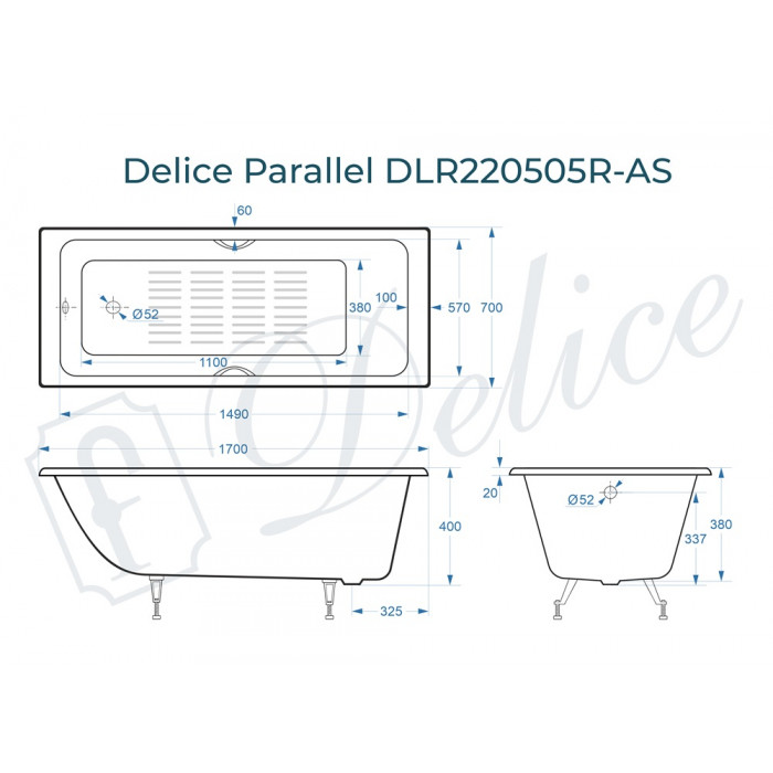 картинка Ванна чугунная Delice Parallel 1700х700 с ручками, ножками и антискользящим покрытием 
