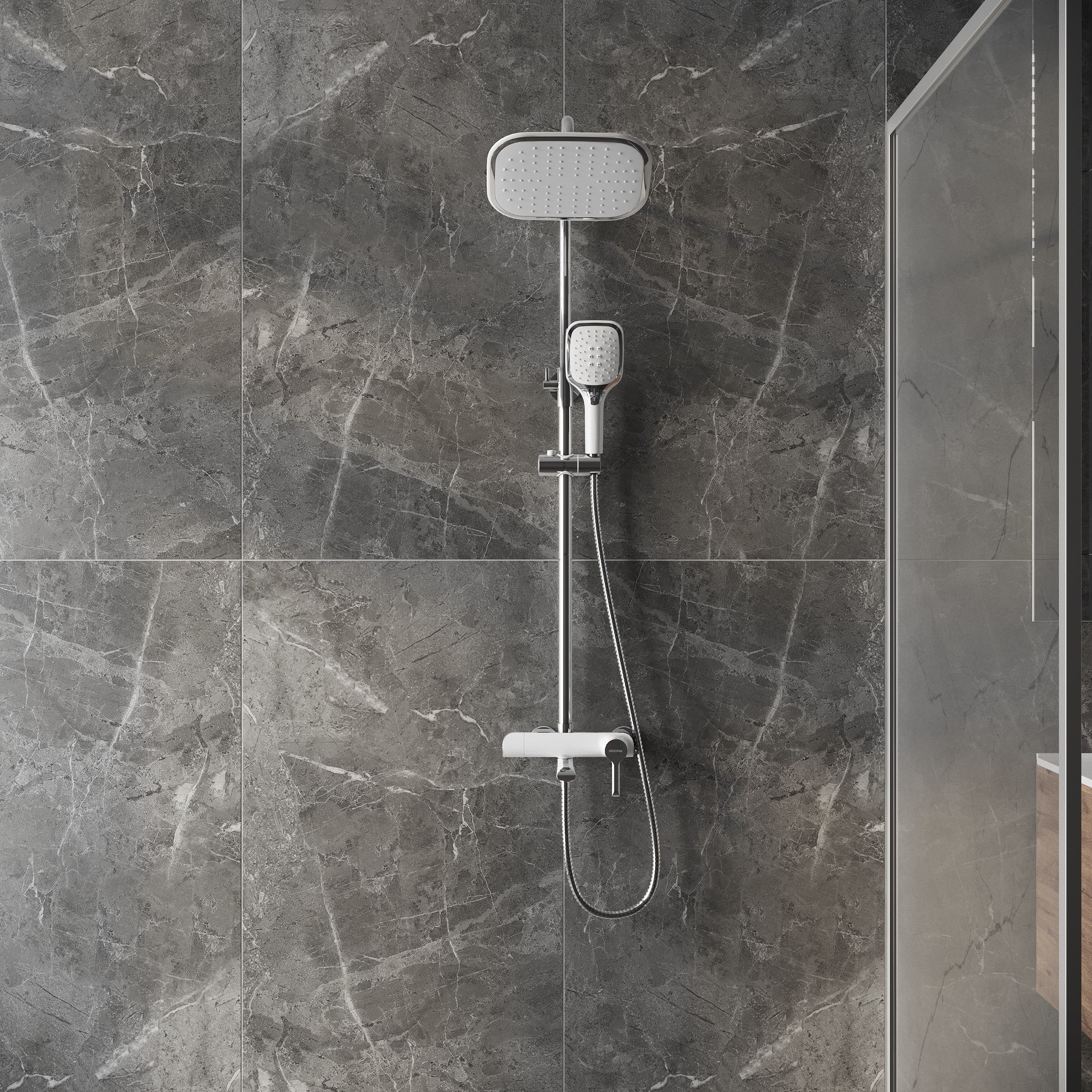 картинка Душевая стойка Grossman Alba 500.K35.06.100/000 с верхним душем ручной лейкой и смесителем хром с белым 