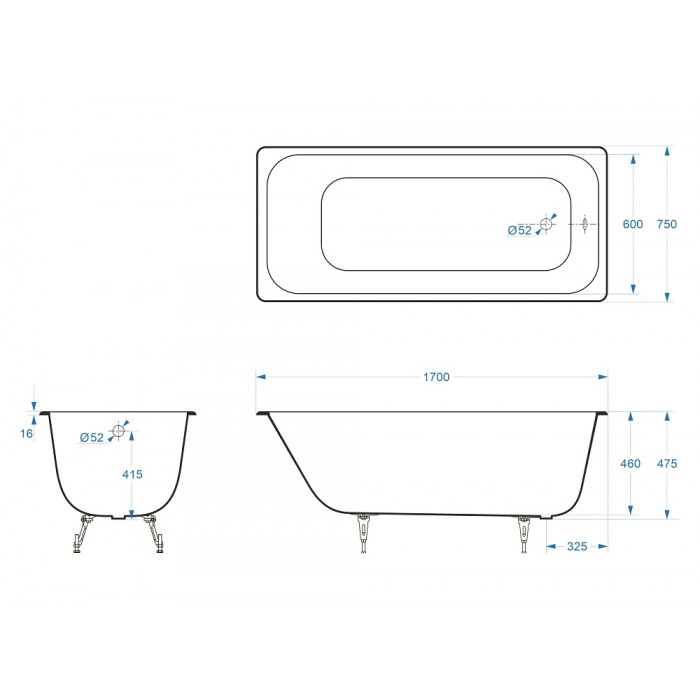 картинка Ванна чугунная Delice Aurora 1700х750 с ножками, ручками DLR000003 хром и антискользящим покрытием 
