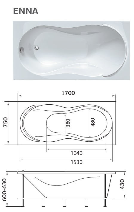 картинка Ванна Marka One ENNA 170x75 с каркасом и слив-переливом 