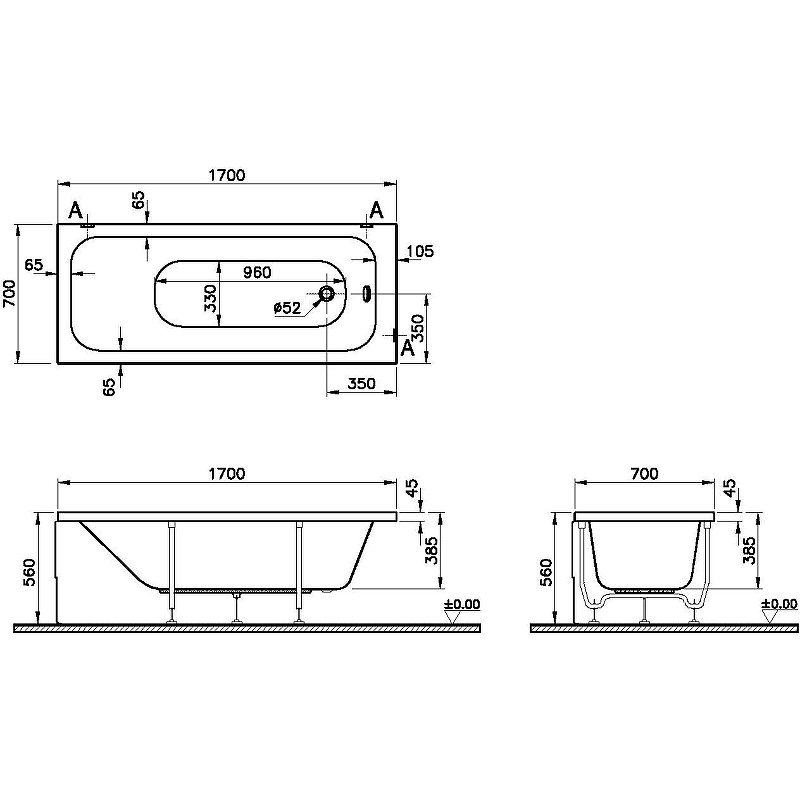 картинка Ванна VitrA Optimum Neo 170x70 с ножками и сифоном 