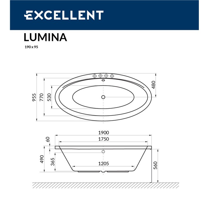 картинка Ванна EXCELLENT Lumina 190x95 с каркасом MR-02 