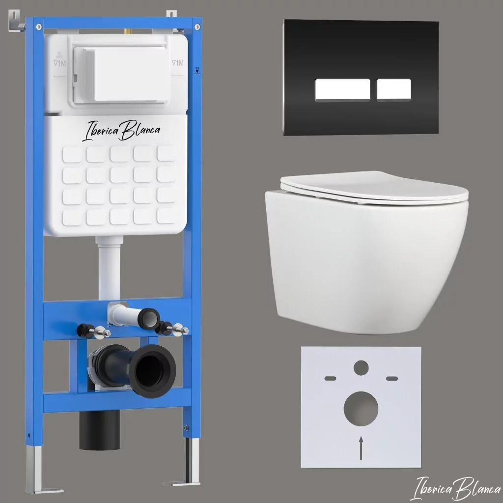 картинка Комплект 3 в 1 IBERICA BLANCA инсталляция с унитазом BILBAO ALTO IB.BLA.234.1B1 клавишей черный глянцевая стекло CRYSTAL-R IB.B022.001.001 