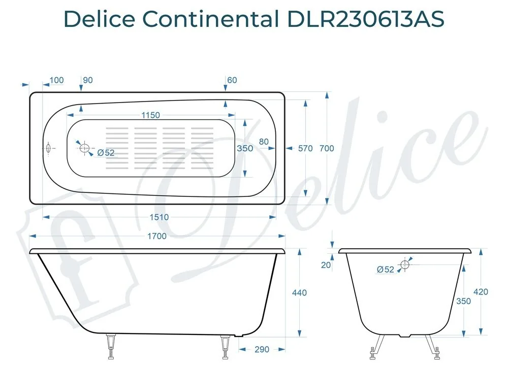 картинка Ванна чугунная Delice Continental 170х70 с антискользящим покрытием DLR230613-AS 