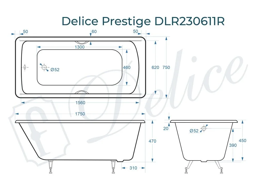 картинка Ванна чугунная Delice Prestige 175х75 с отверстиями под ручки DLR230611R 