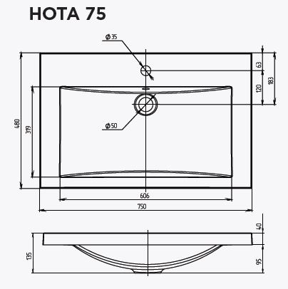 картинка Раковина 1Marka Нота New Polytitan 75  в ванную комнату