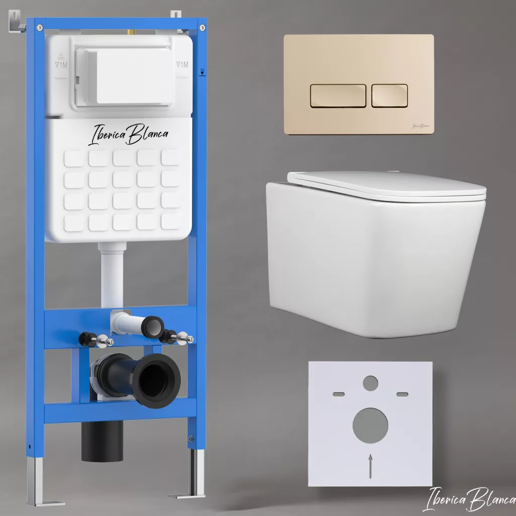 картинка Комплект 3 в 1 IBERICA BLANCA инсталляция с унитазом TOLEDO ALTO IB.TLA.234.1B1 клавишей золото матовое ESTI-R IB.B021.005.000 