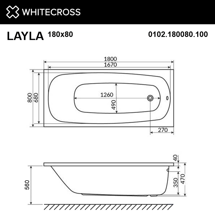 картинка Ванна WHITECROSS Layla 180x80 акрил с каркасом MR-02 