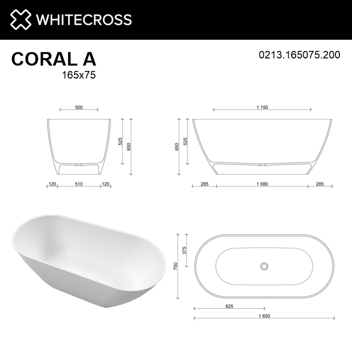картинка Ванна WHITECROSS Coral A 165x75 белый мат иск. камень 