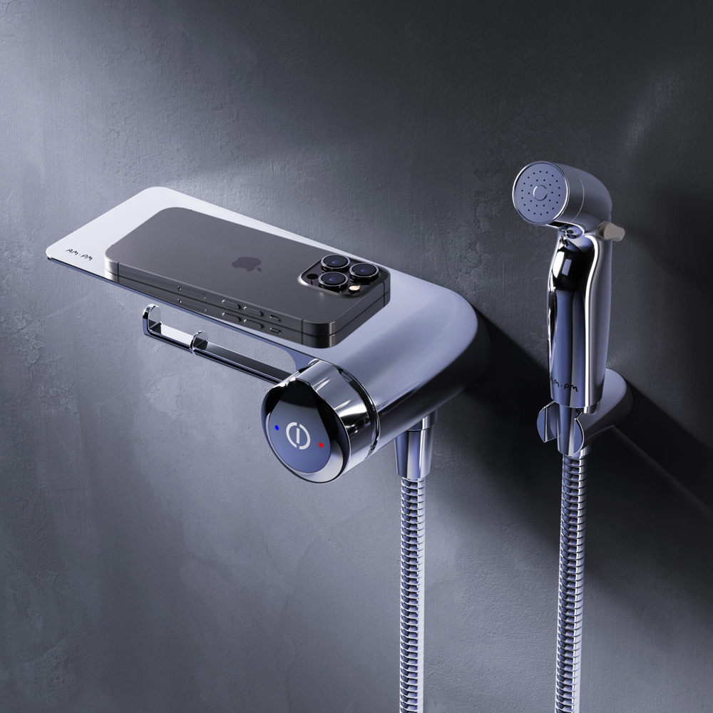 картинка Гигиенический набор AM.PM F0H85A800 X-Joy TouchReel со смесителем для душа с полкой держателем туалетной бумаги 