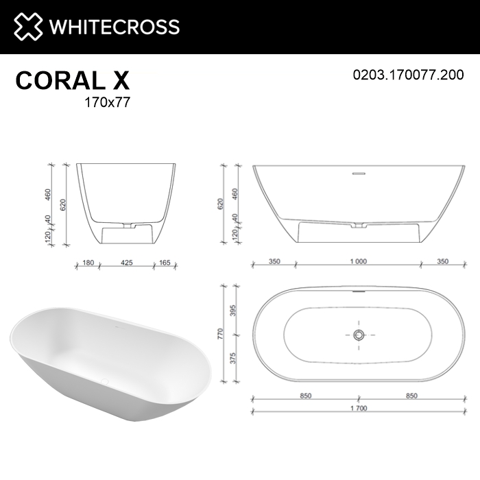 картинка Ванна WHITECROSS Coral X 170x77 белый мат иск. камень 