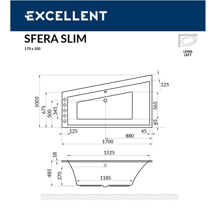 картинка Ванна EXCELLENT Sfera Slim 170x100 левая SOFT золото 