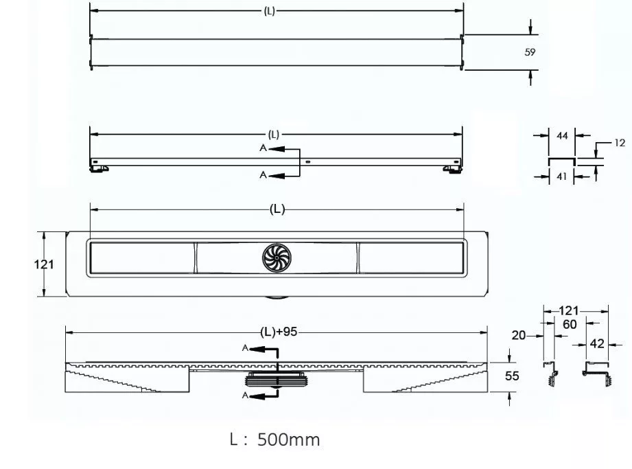 картинка Желоб водосток BERGES C1 Norma 500, матовый хром, вертикальный выпуск S-сифон D50/105 мм H30/80 мм 