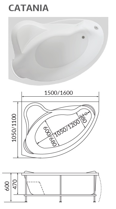 картинка Ванна 1Marka CATANIA 150x105 L с каркасом и слив-переливом 