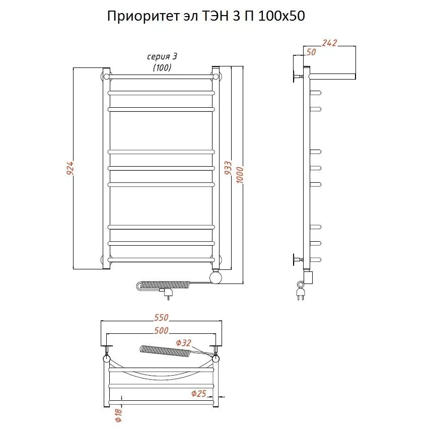 картинка Полотенцесушитель Тругор Приоритет эл ТЭН 3 П 100*50 (ЛЦ2) (Приоритет3/элТЭН10050 П) 