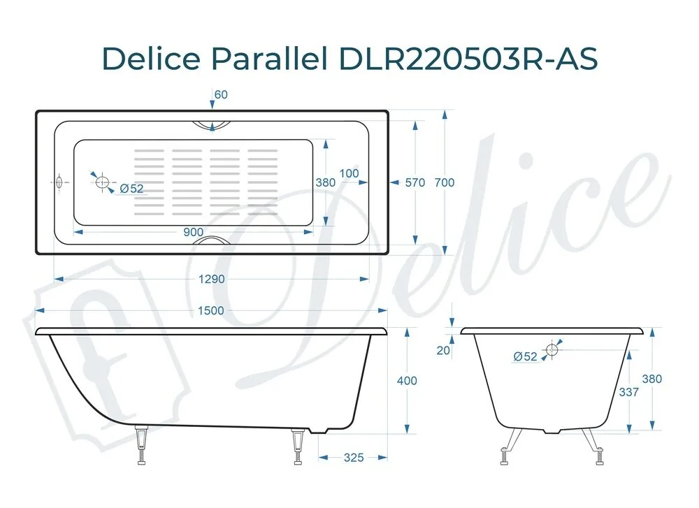 картинка Ванна чугунная Delice Parallel 150х70 с ручками и антискользящим покрытием DLR220503R-AS 