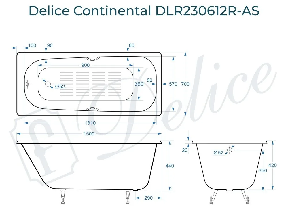 картинка Ванна чугунная Delice Continental 150х70 с отверстиями под ручки и антискользящим покрытием DLR230612R-AS 