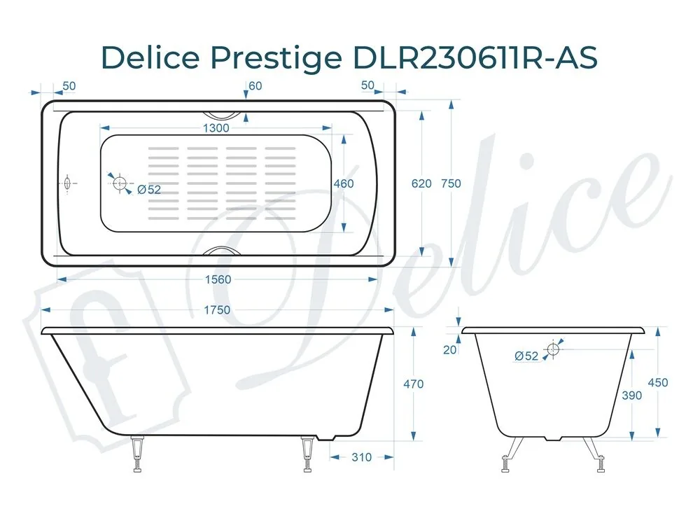 картинка Ванна чугунная Delice Prestige 175х75 с отверстиями под ручки и антискользящим покрытием DLR230611R-AS 