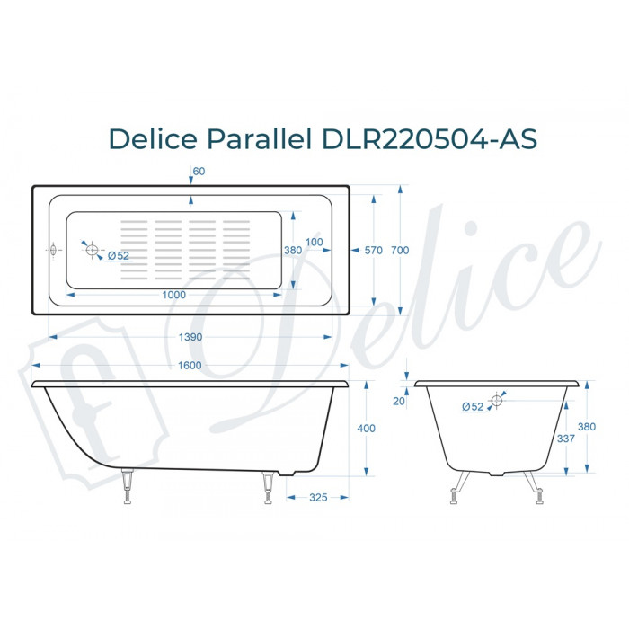 картинка Ванна чугунная Delice Parallel 1600х700 без ручек с ножками и анстискользящим покрытием 