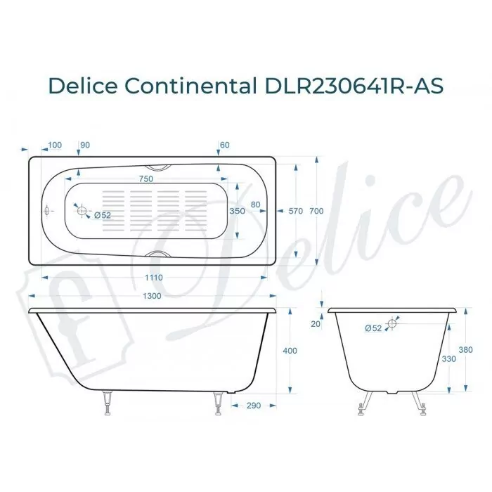 картинка Ванна чугунная Delice Continental 130х70 с отверстиями под ручки и антискользящим покрытием DLR230641R-AS с ножками и переливом DLR000017 