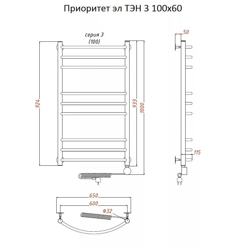 картинка Полотенцесушитель Тругор Приоритет эл ТЭН 3 100*60 (ЛЦ2) (Приоритет3/элТЭН10060) 