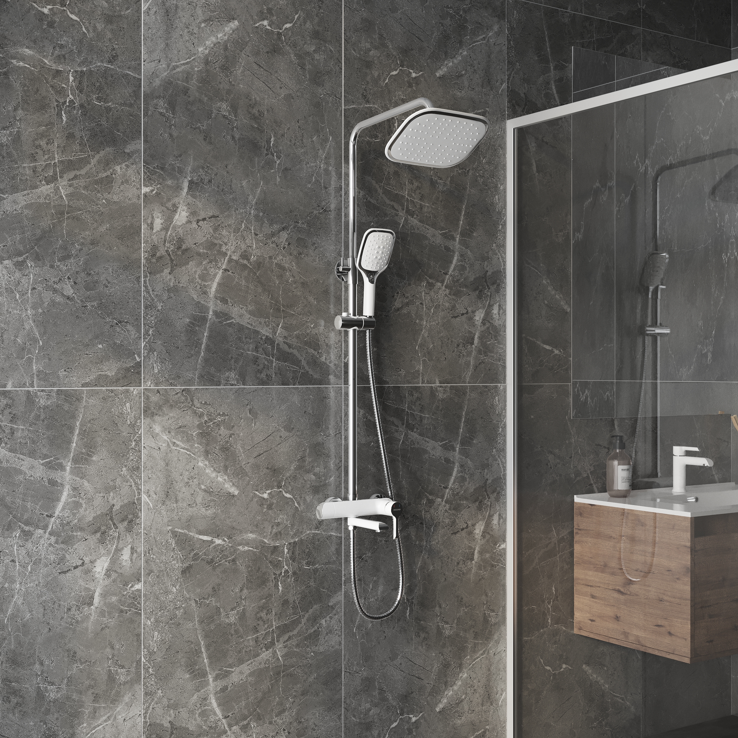 картинка Душевая стойка Grossman Alba 500.K35.06.100/000 с верхним душем ручной лейкой и смесителем хром с белым 