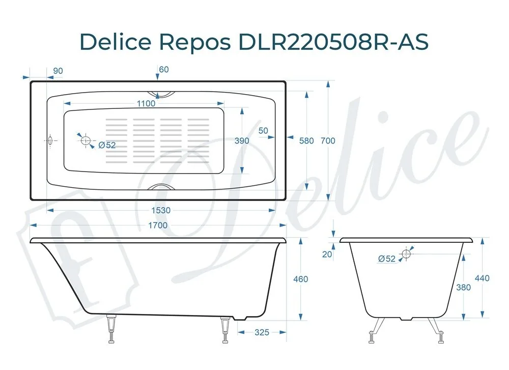 картинка Ванна чугунная Delice Repos 170х70 с ручками и антискользящим покрытием DLR220508R-AS 