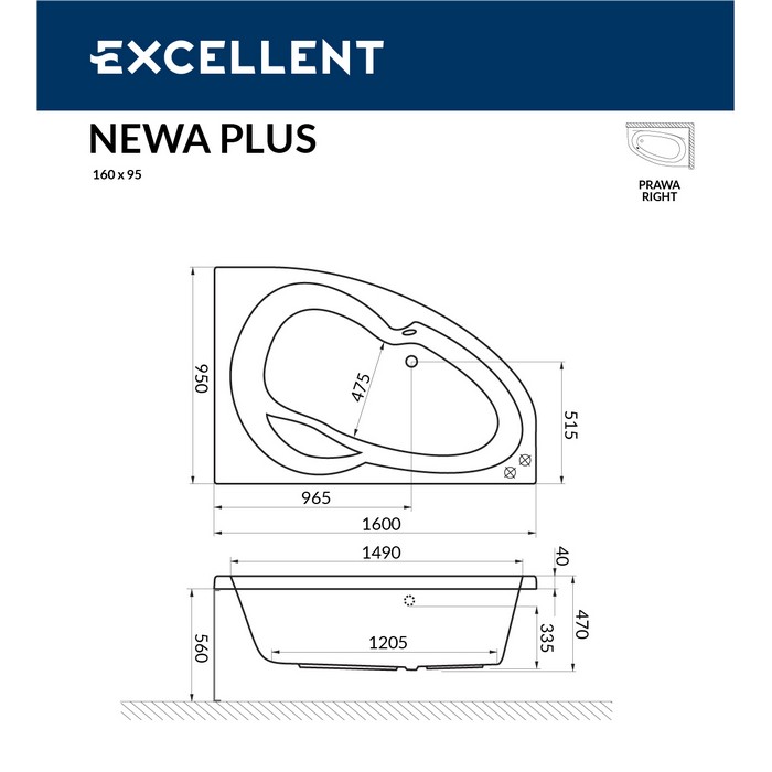 картинка Ванна EXCELLENT Newa 160x95 правая с ножками HW-ST-NWAEX-68 