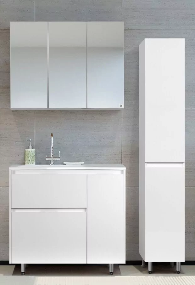 фото Тумба напольная Style Line Барселона 90 левая 2 ящика с выкатной корзиной Люкс белая Plus 
