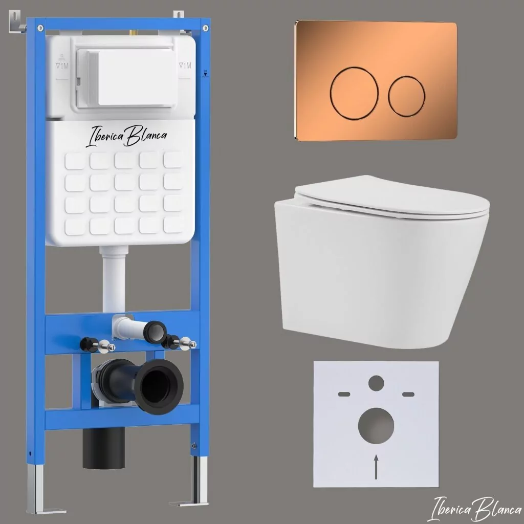 картинка Комплект 3 в 1 IBERICA BLANCA инсталляция с унитазом BURGOS ALTO IB.BRA.231.1B1 клавишей розовое золото глянцевый INOX-О IB.B081.007.001 