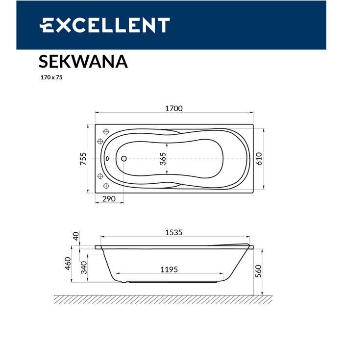 картинка Ванна EXCELLENT Sekwana 170x75 с ножками NWT-50 