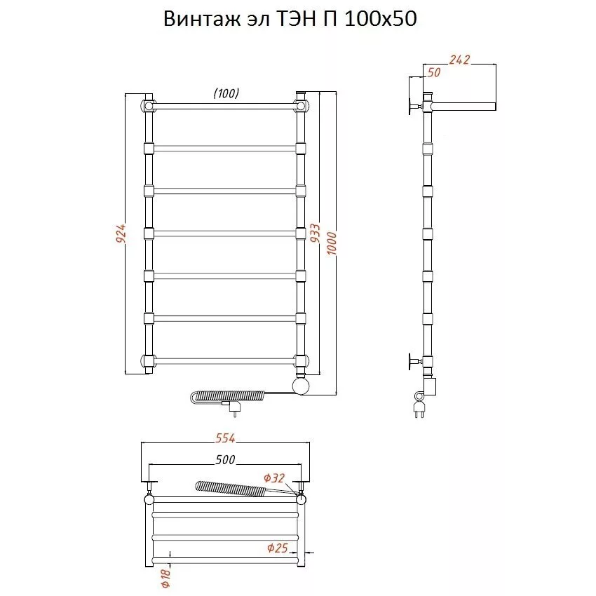 картинка Полотенцесушитель Тругор Винтаж эл ТЭН П 100*50 (ЛЦ33) (Винтаж/элТЭН10050 П) 