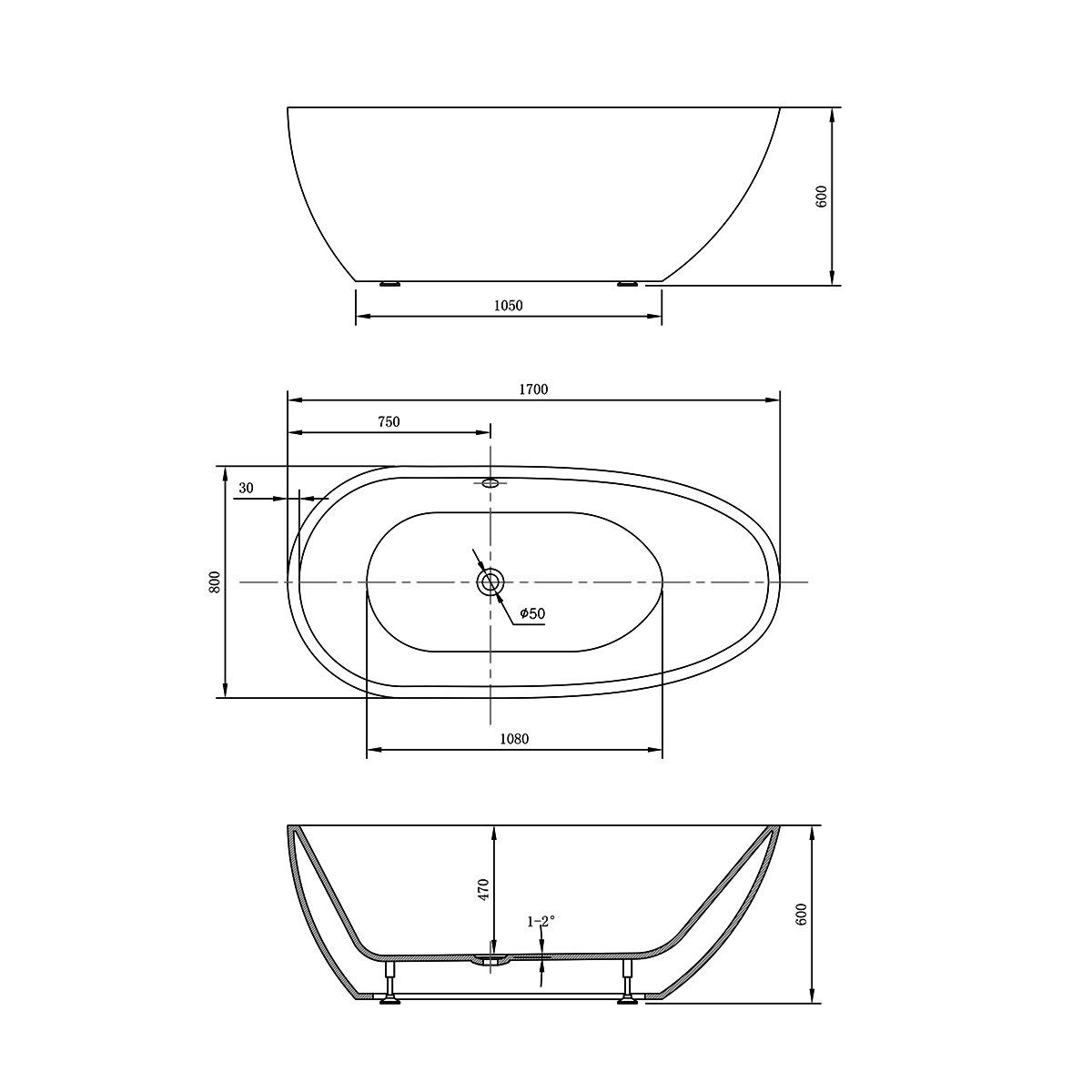 картинка Акриловая ванна Vincea VBT-422-1700, 170х80х60, цвет белый, слив-перелив в комплекте, хром 