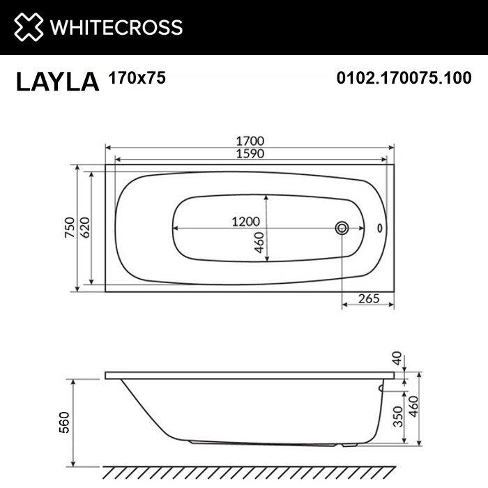 картинка Ванна WHITECROSS Layla 170x75 акрил с каркасом MR-02 