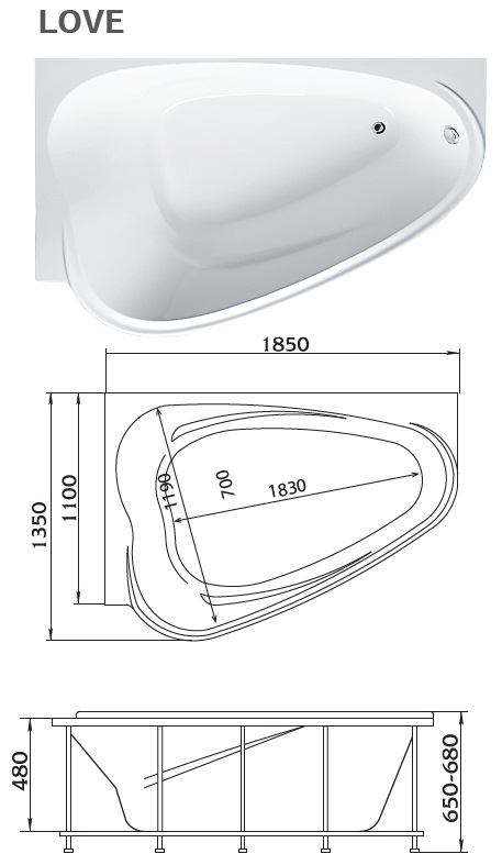 картинка Ванна Marka One LOVE 185х135 L с каркасом и слив-переливом 