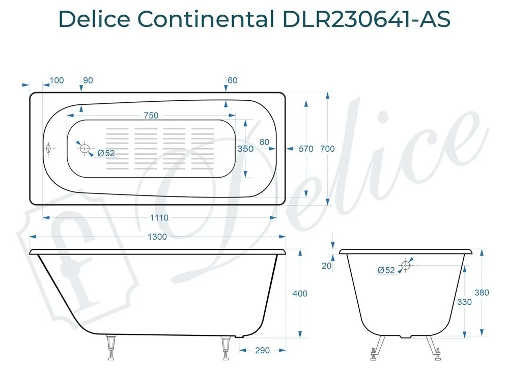 картинка Ванна чугунная Delice Continental 130х70 с антискользящим покрытием DLR230641-AS 