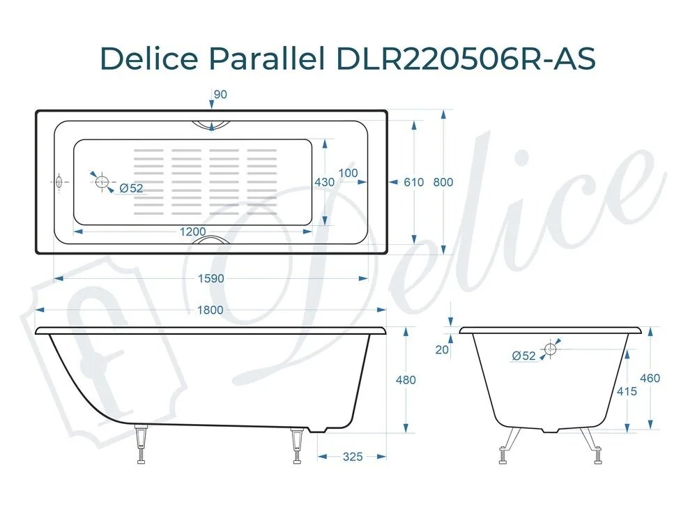 картинка Ванна чугунная Delice Parallel 180х80 с ручками и антискользящим покрытием DLR220506R-AS 
