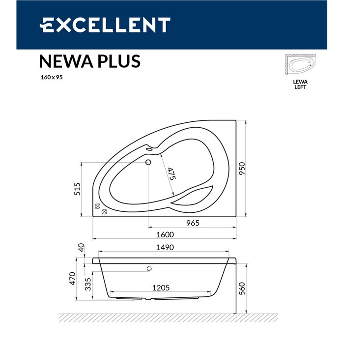 картинка Ванна EXCELLENT Newa 160x95 левая с ножками HW-ST-NWAEX-68 